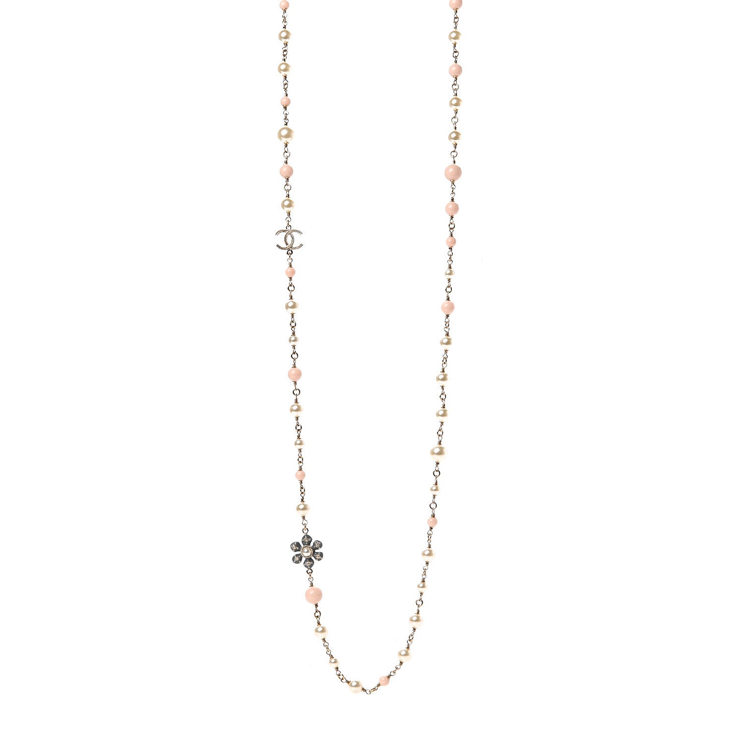 Chanel Enamel Pearl Bead CC Flower Long Necklace Pink Gold 1 of 4