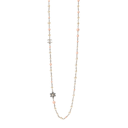 Chanel Enamel Pearl Bead CC Flower Long Necklace Pink Gold 1 of 4