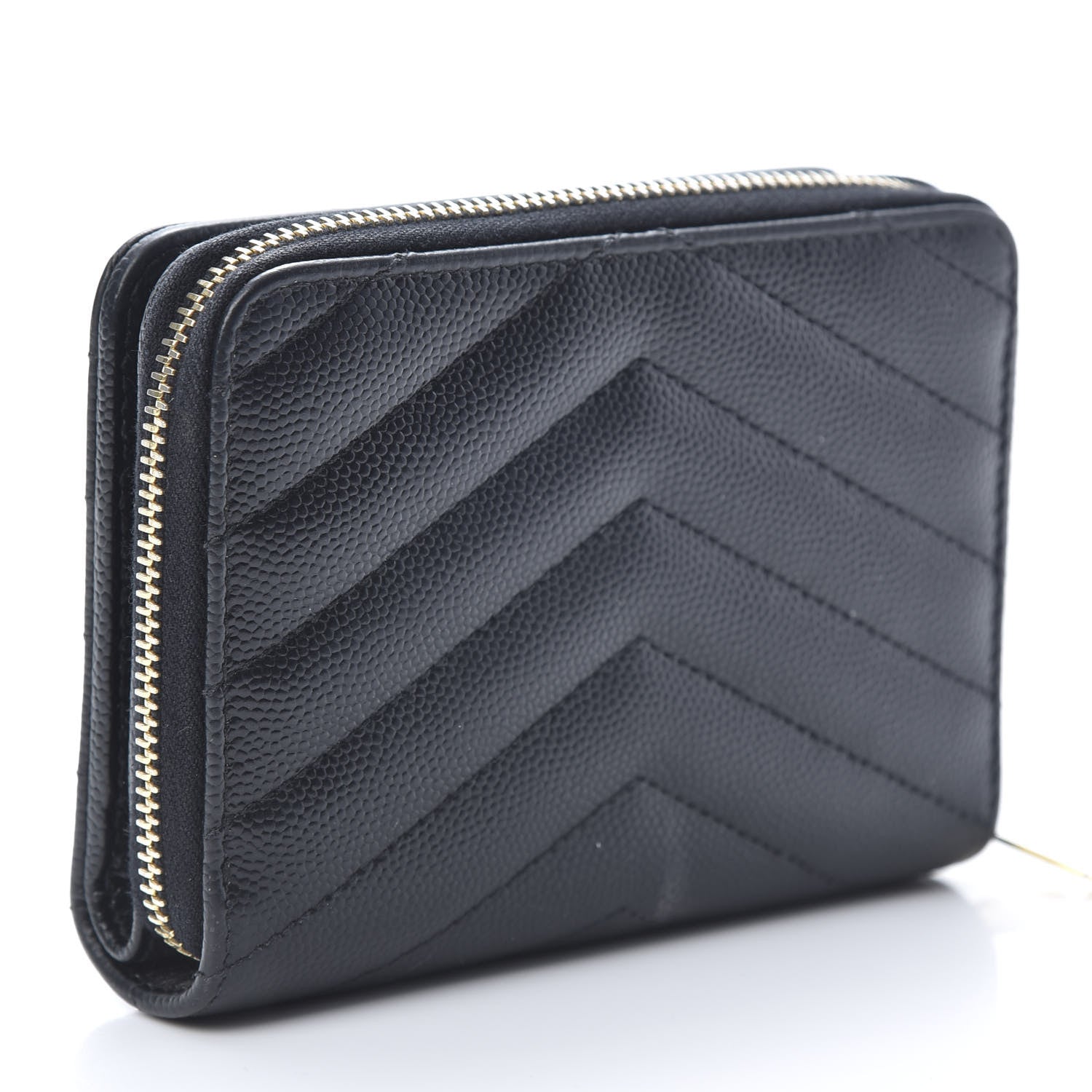 Saint Laurent Grain De Poudre Matelasse Chevron Monogram Compact Zip Around Wallet Black 3 of 10