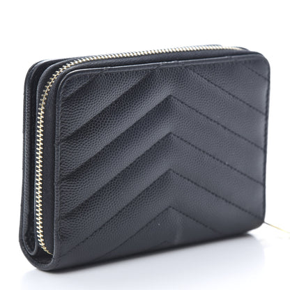 Saint Laurent Grain De Poudre Matelasse Chevron Monogram Compact Zip Around Wallet Black 3 of 10