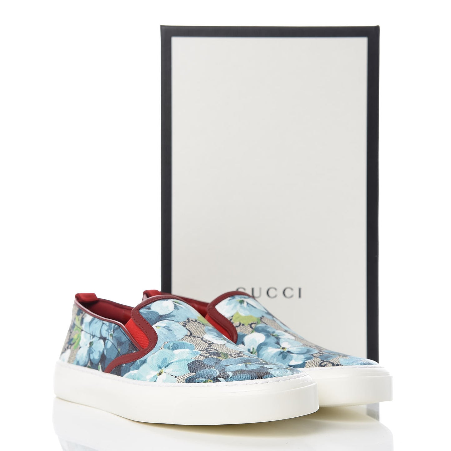 GG Supreme Monogram Blooms Womens Slip On Sneakers 38 Beige Blue Navy Red
