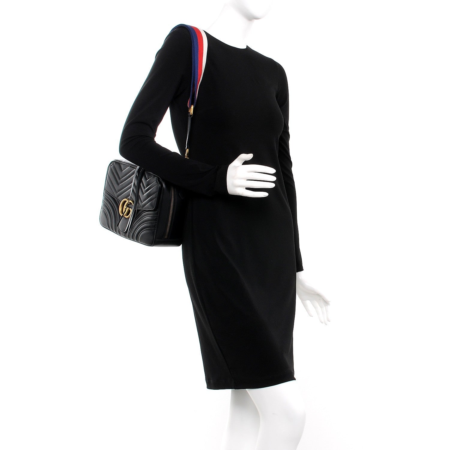 Gucci Calfskin Matelasse Sylvie Web Small GG Marmont Top Handle Shoulder Bag Black 2 of 8