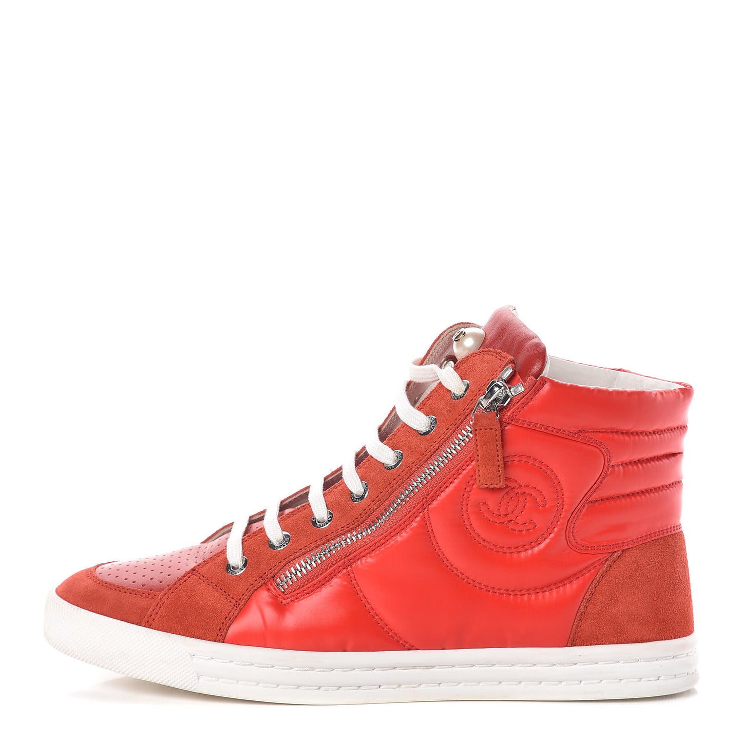 Calfskin Pearl High Top CC Sneakers 38 Red