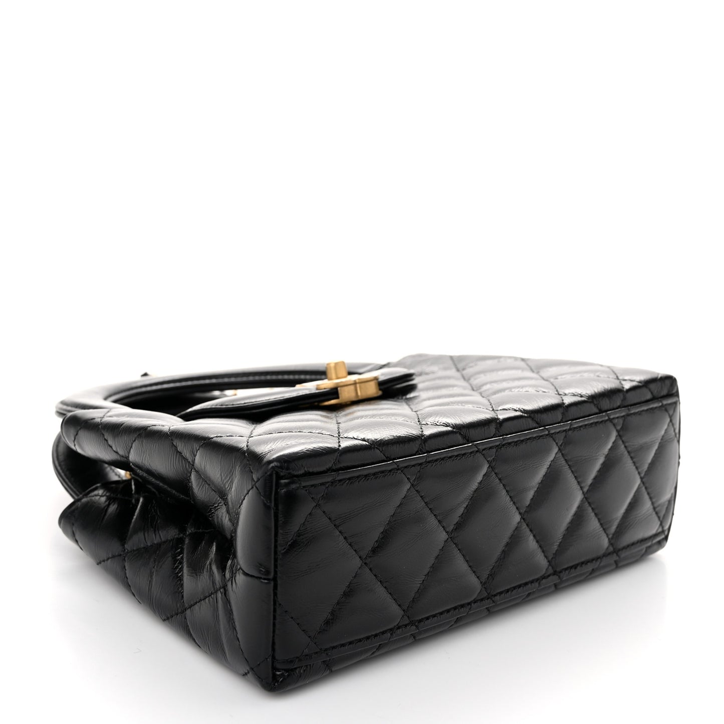 Shiny Aged Calfskin Quilted Nano Kelly Shopper Black