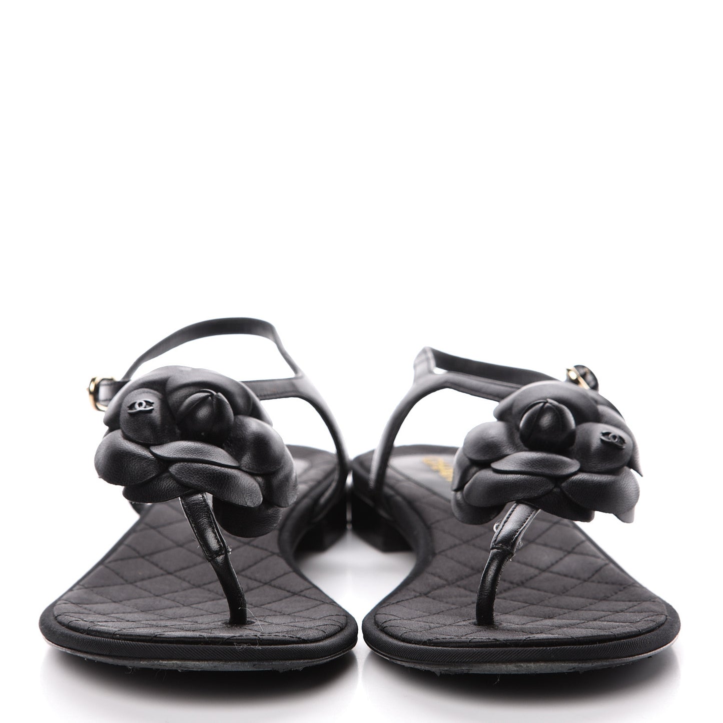 Lambskin Camellia Thong Sandals 38.5 Black