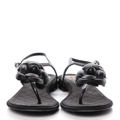 Chanel Lambskin Camellia Thong Sandals 38.5 Black 2 of 18