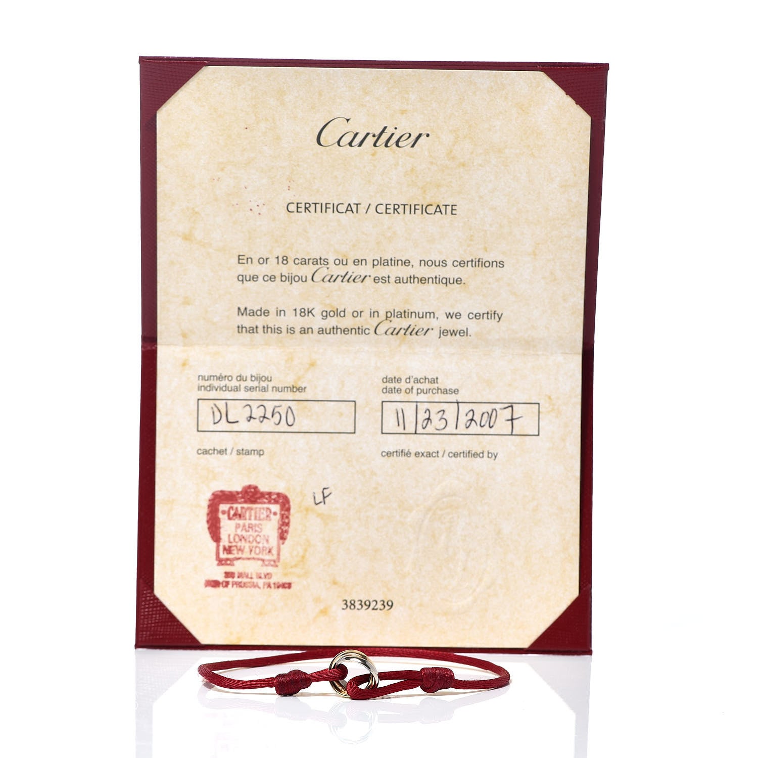 Cartier 18K Pink Yellow White Gold Trinity Cord Bracelet Red 8 of 8