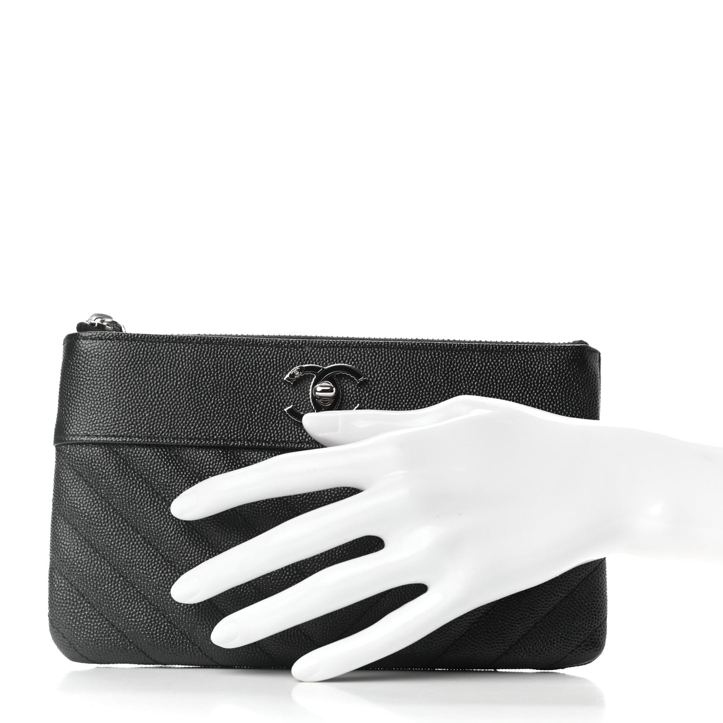 Caviar Chevron Quilted Mademoiselle Vintage Zip Pouch Black