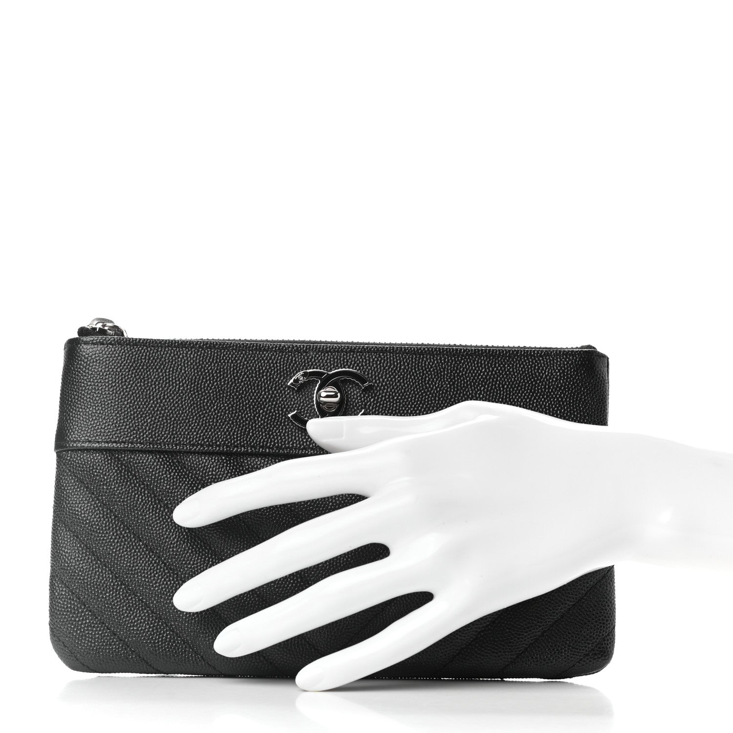 Chanel Caviar Chevron Quilted Mademoiselle Vintage Zip Pouch Black 2 of 7
