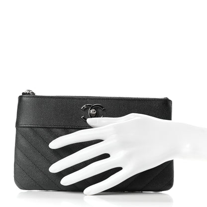 Chanel Caviar Chevron Quilted Mademoiselle Vintage Zip Pouch Black 2 of 7