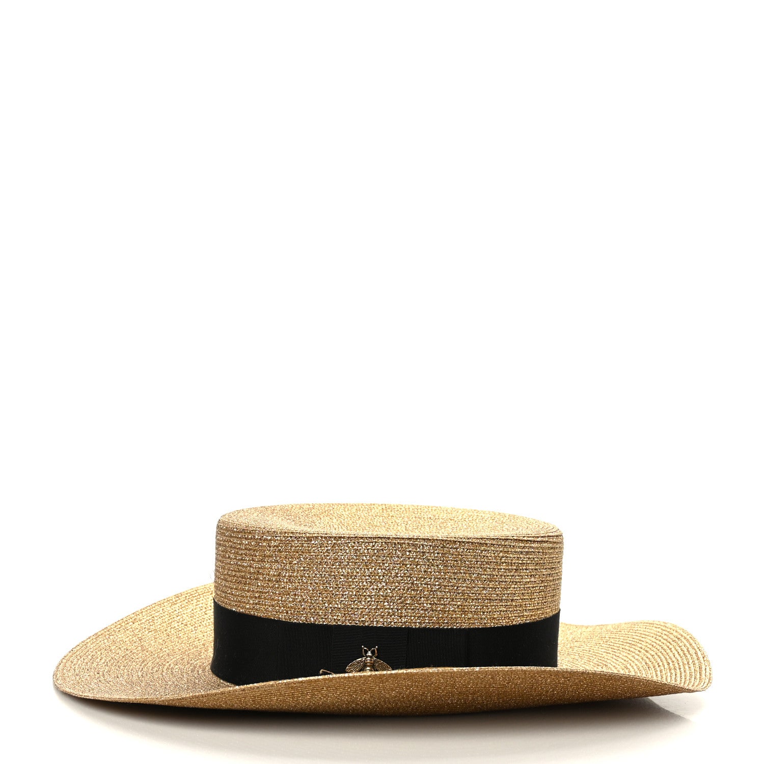 Gucci Glittered Straw Grosgrain Wide Brim Hat XL Gold Black 2 of 8