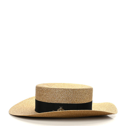 Gucci Glittered Straw Grosgrain Wide Brim Hat XL Gold Black 2 of 8