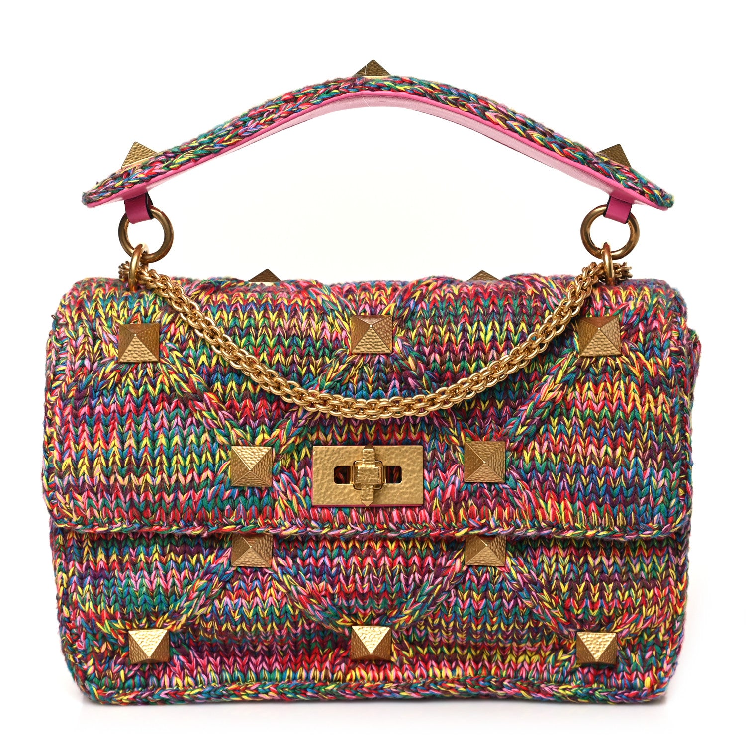Valentino Garavani Wool Woven Large Roman Stud Shoulder Bag Multicolor Feminine Pink 1 of 8