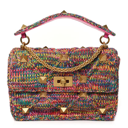 Valentino Garavani Wool Woven Large Roman Stud Shoulder Bag Multicolor Feminine Pink 1 of 8