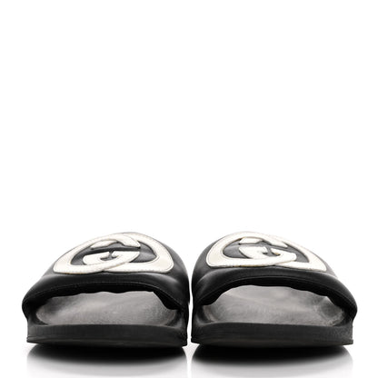 Gucci Nappa Miro Soft Calfskin Womens Interlocking G Slide Sandals 37 Black White 3 of 12