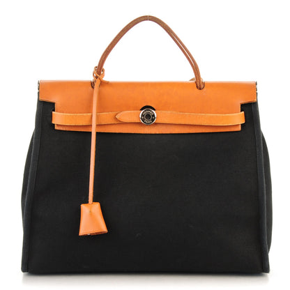 Hermes Toile Vache Calfskin Herbag 30 PM Black Natural 1 of 11