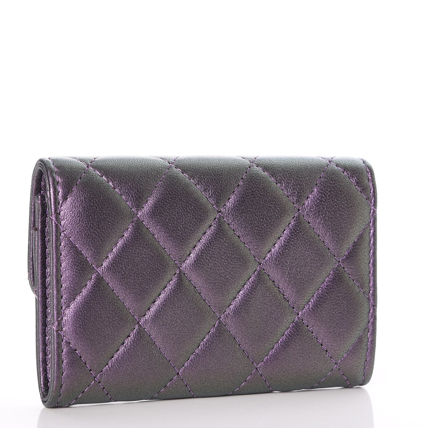 Metallic Lambskin Quilted Flap Card Holder Dark Purple
