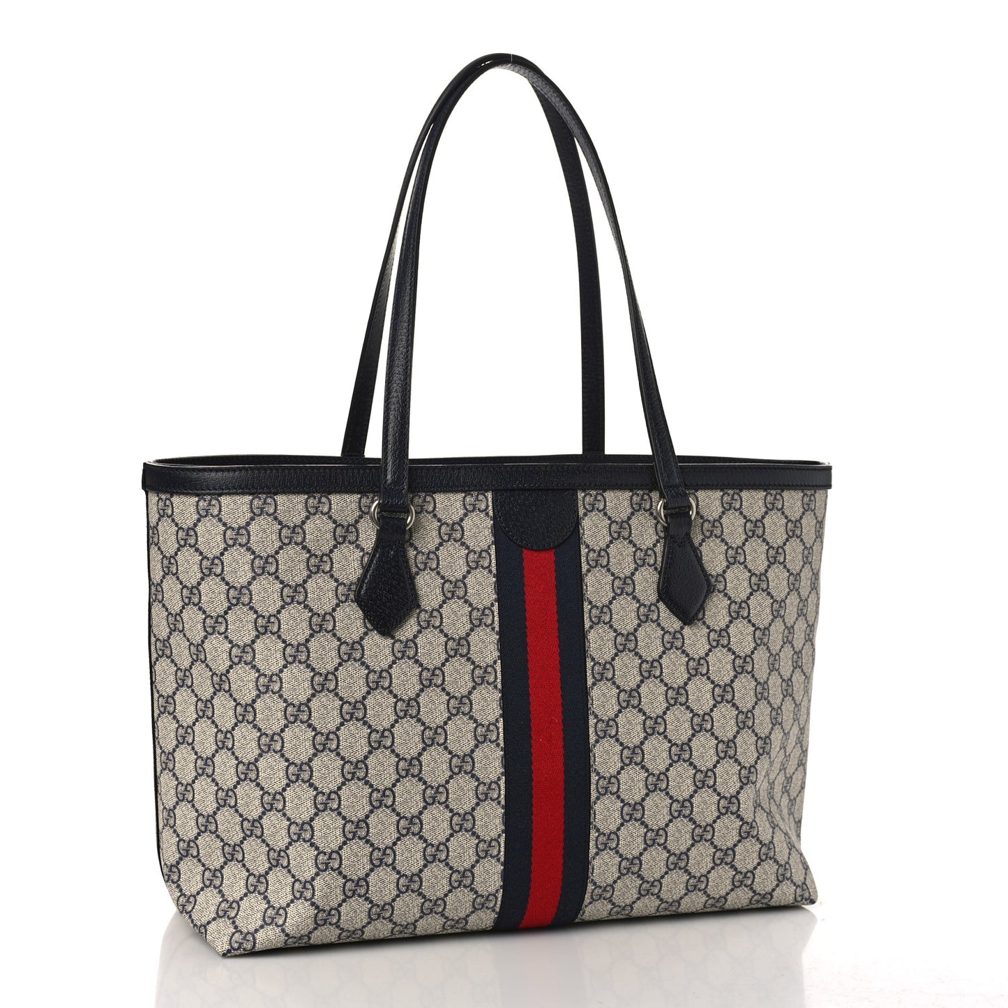 GG Supreme Monogram Textured Calfskin Web Medium Ophidia Shopping Tote Beige Blue