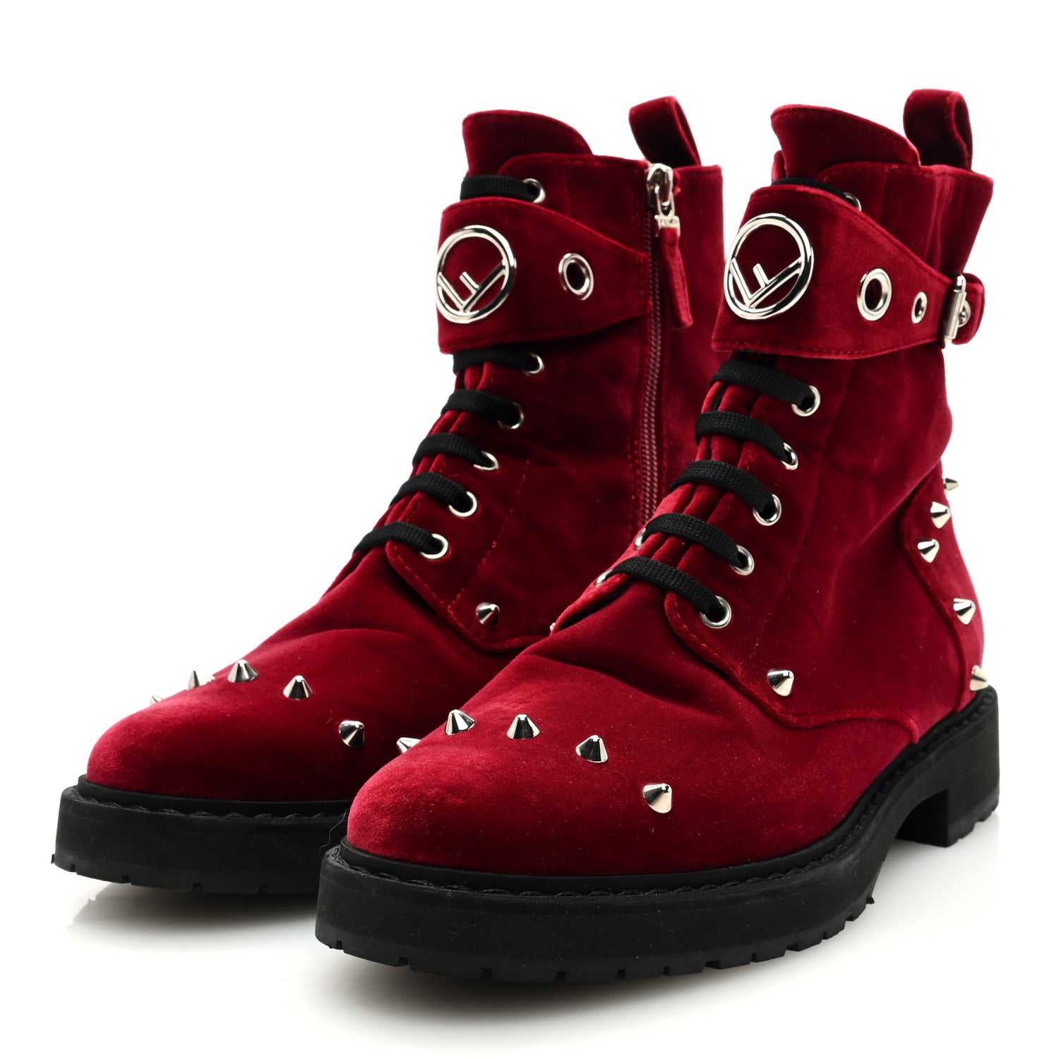 Fendi Velvet Studded FF Combat Boots 39.5 Bordeaux 2 of 7