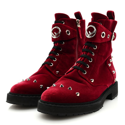 Fendi Velvet Studded FF Combat Boots 39.5 Bordeaux 2 of 7