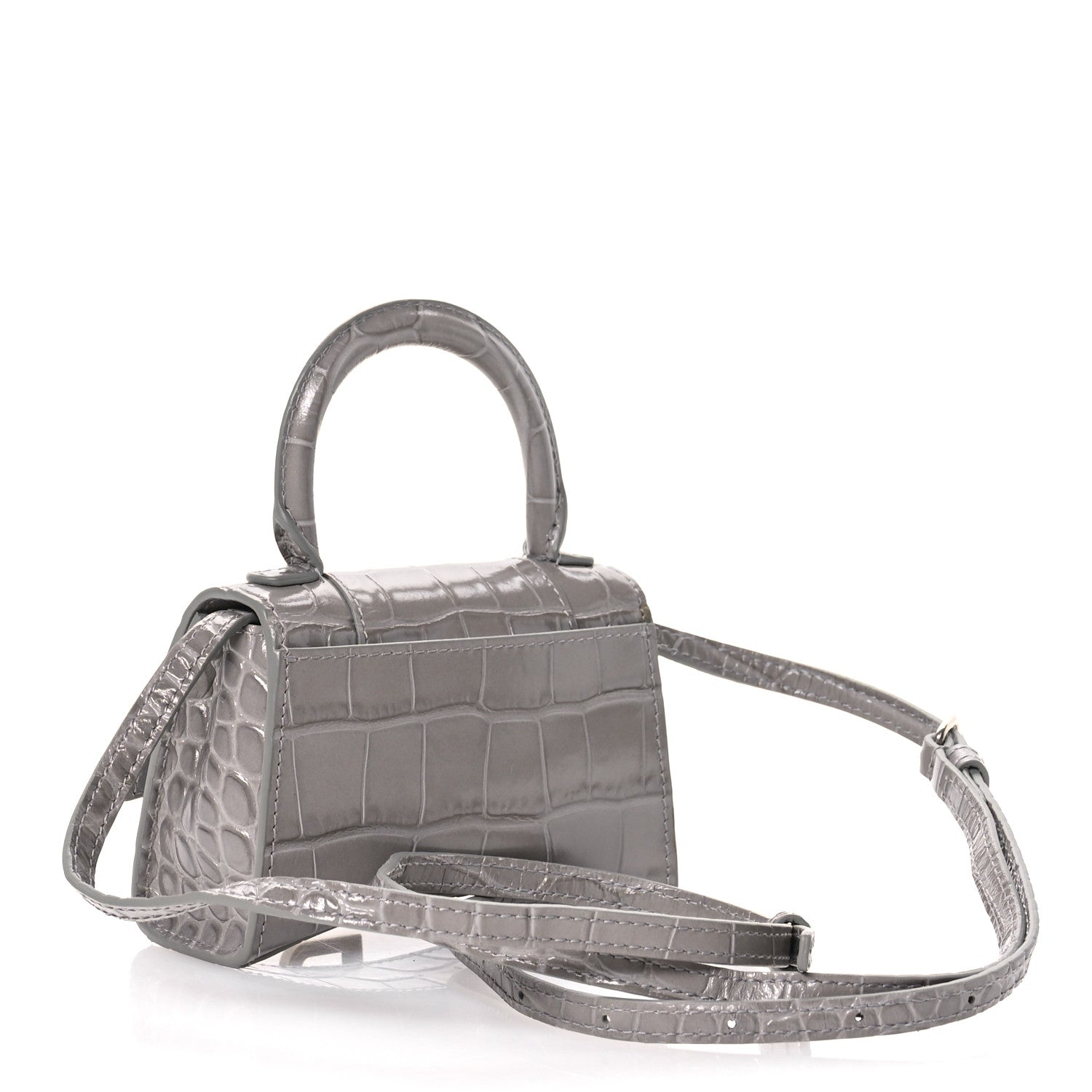 Balenciaga Shiny Calfskin Crocodile Embossed Hourglass Top Handle Bag Mini Steel Grey 3 of 11
