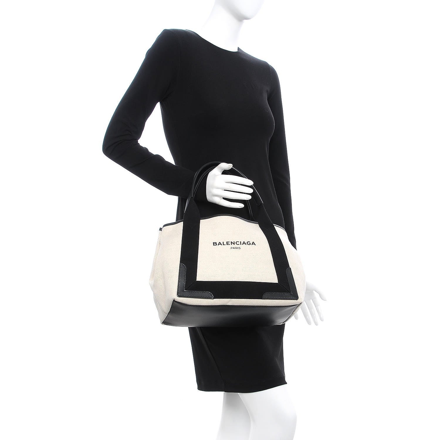 Balenciaga Cotton Canvas Satin Calfskin S Navy Cabas Natural Black 2 of 8
