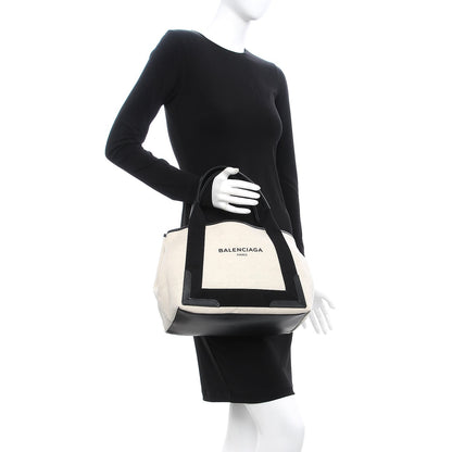 Balenciaga Cotton Canvas Satin Calfskin S Navy Cabas Natural Black 2 of 8