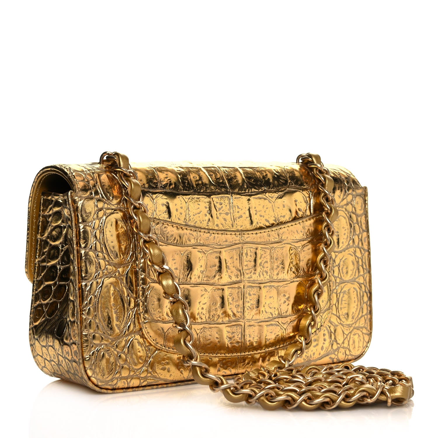 Chanel Metallic Calfskin Crocodile Embossed Cocodile Rectangular Mini Flap Gold 3 of 12