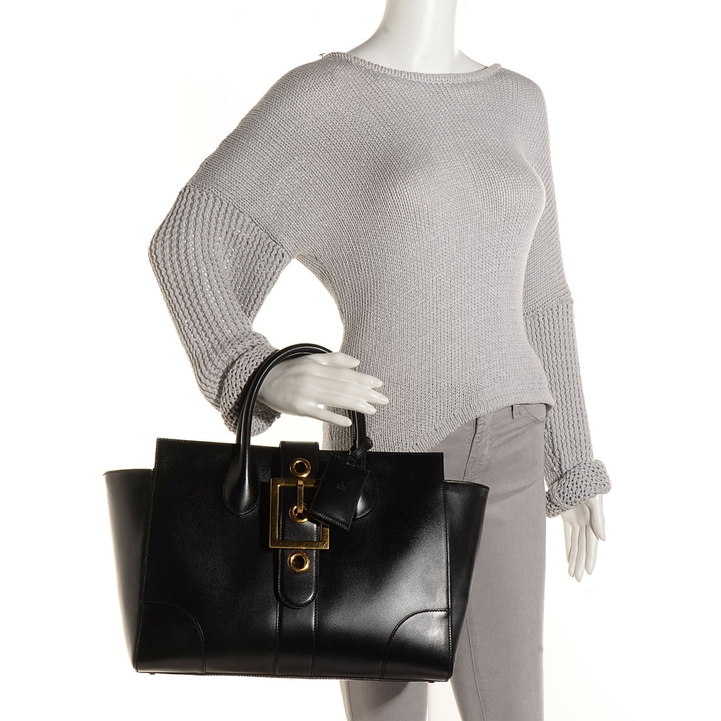Calfskin Medium Lady Buckle Top Handle Bag Black
