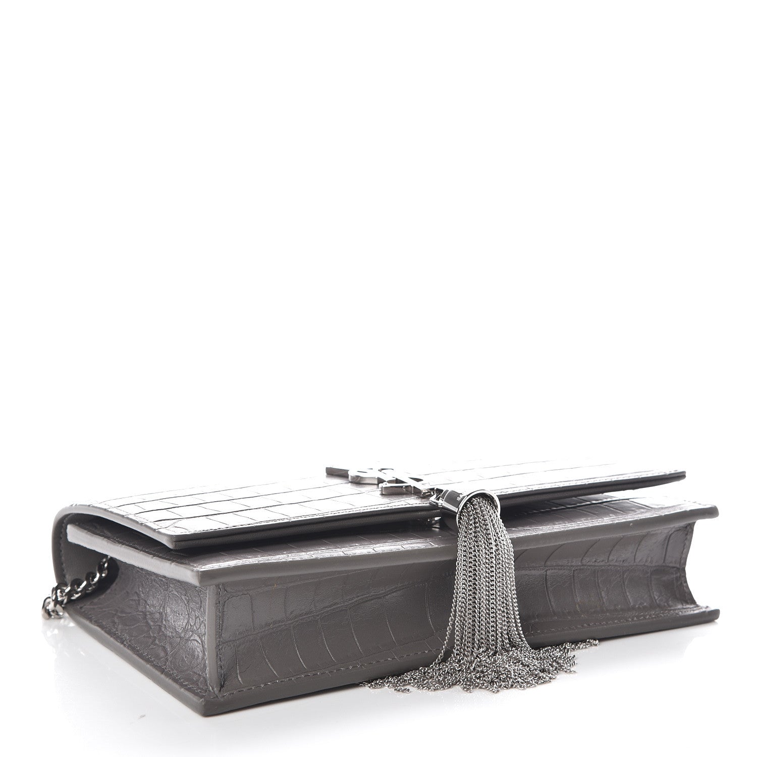 Saint Laurent Calfskin Crocodile Embossed Kate Monogram Tassel Chain Wallet Fog 4 of 9