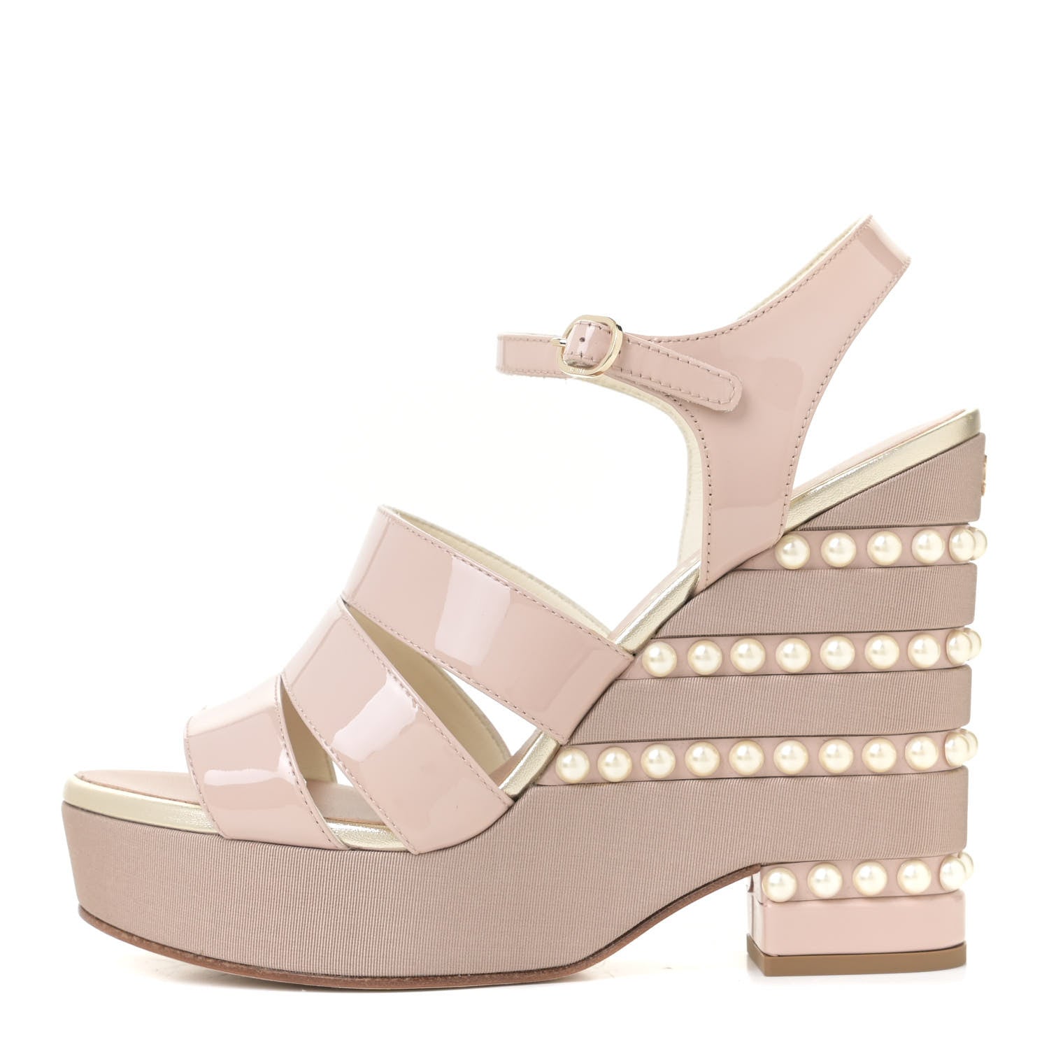 Chanel Patent Calfskin Pearl CC Wedge Sandals 39 Light Pink 1 of 14