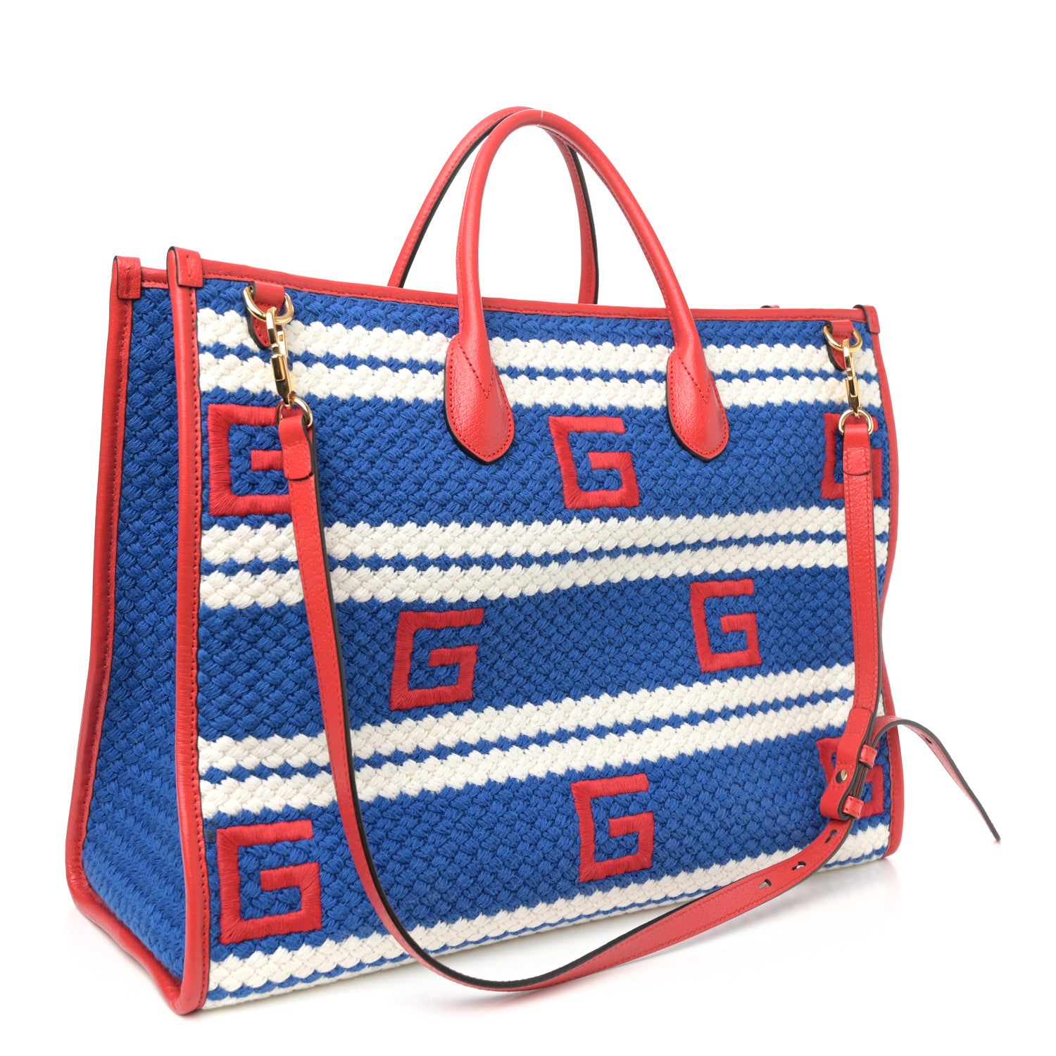 Gucci Fabric Embroidered Puerto Rico Striped Tote Bag Red White