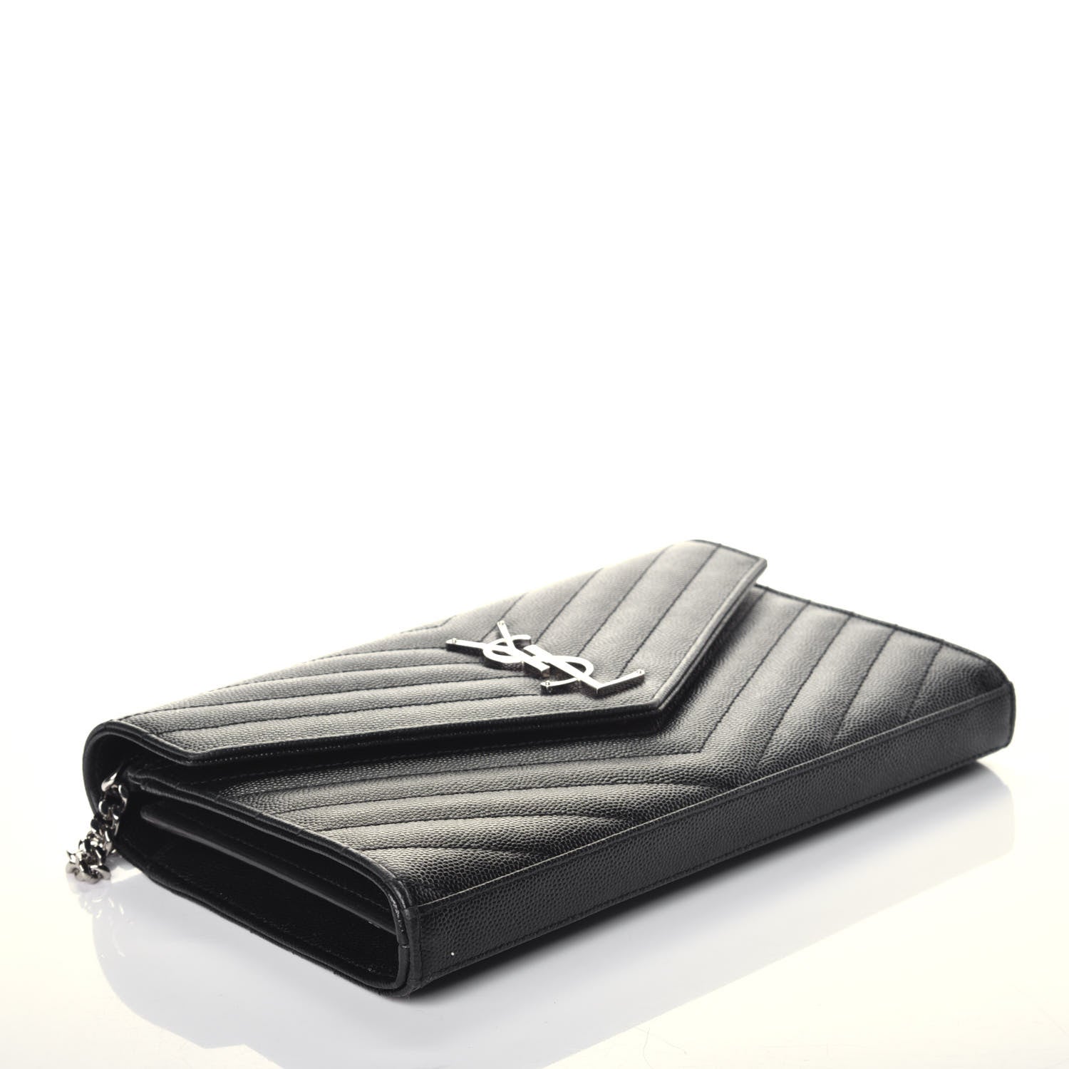 Saint Laurent Grain De Poudre Matelasse Chevron Monogram Chain Wallet Black 4 of 9