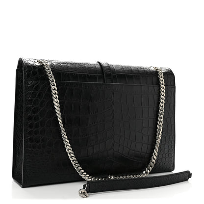 Saint Laurent Calfskin Crocodile Embossed Large Monogram Envelope Chain Shoulder Bag Black 3 of 12