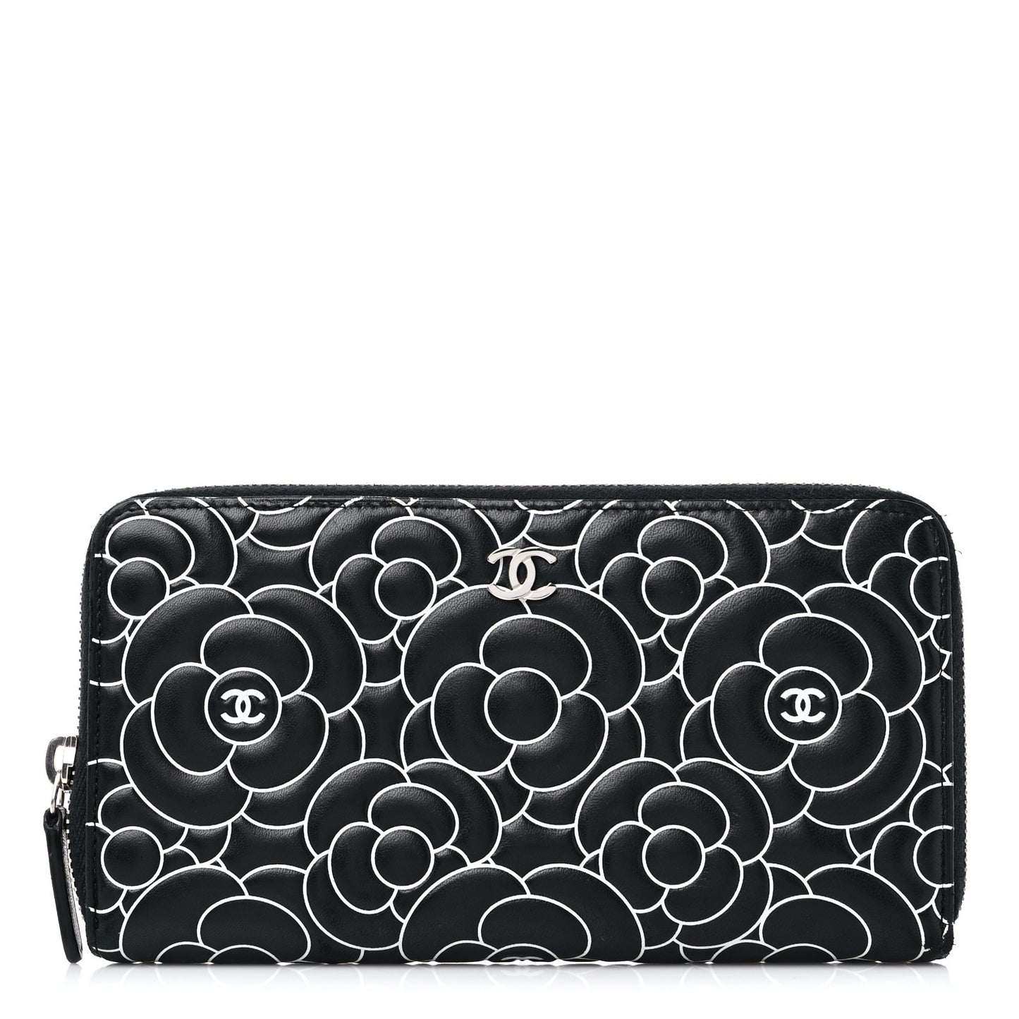 Lambskin Camellia Embossed Large Zip Around Gusset Wallet Black White
