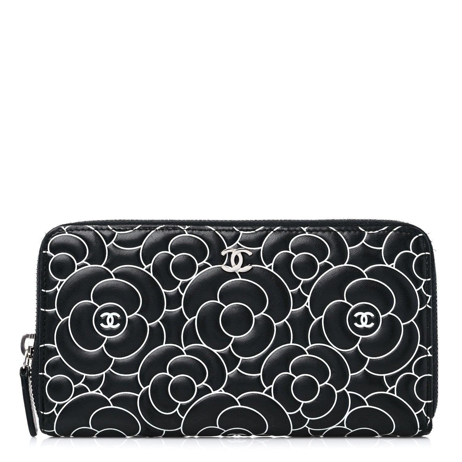 Chanel Lambskin Camellia Embossed Large Zip Around Gusset Wallet Black White 1 of 18