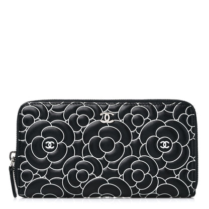 Chanel Lambskin Camellia Embossed Large Zip Around Gusset Wallet Black White 1 of 18