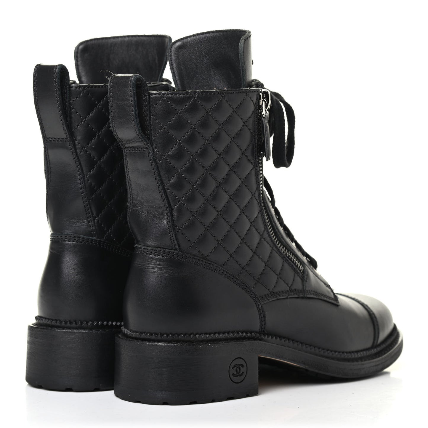 Calfskin Quilted Lace Up Combat Boots 36 Black
