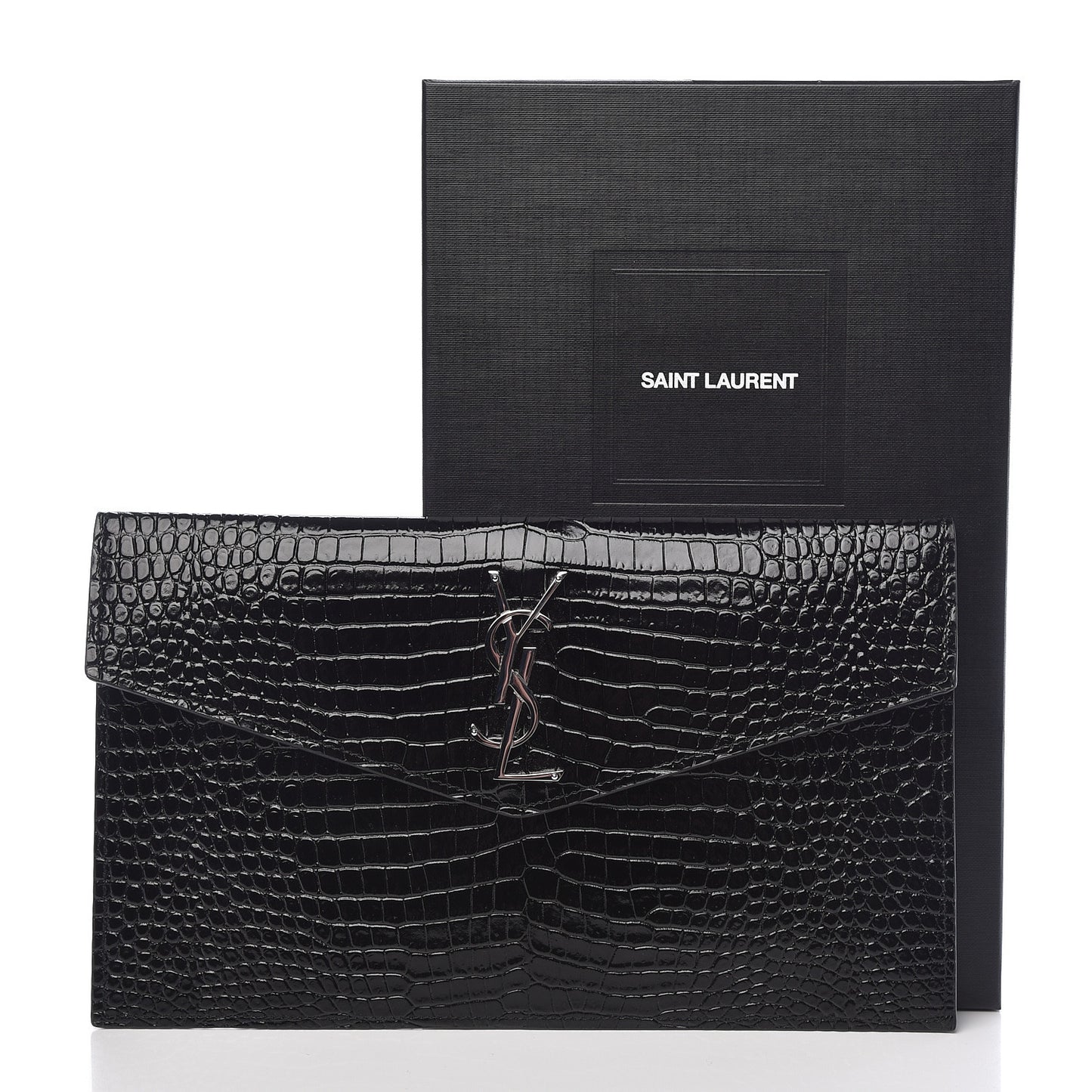 Calfskin Crocodile Embossed Uptown Monogram Clutch Black