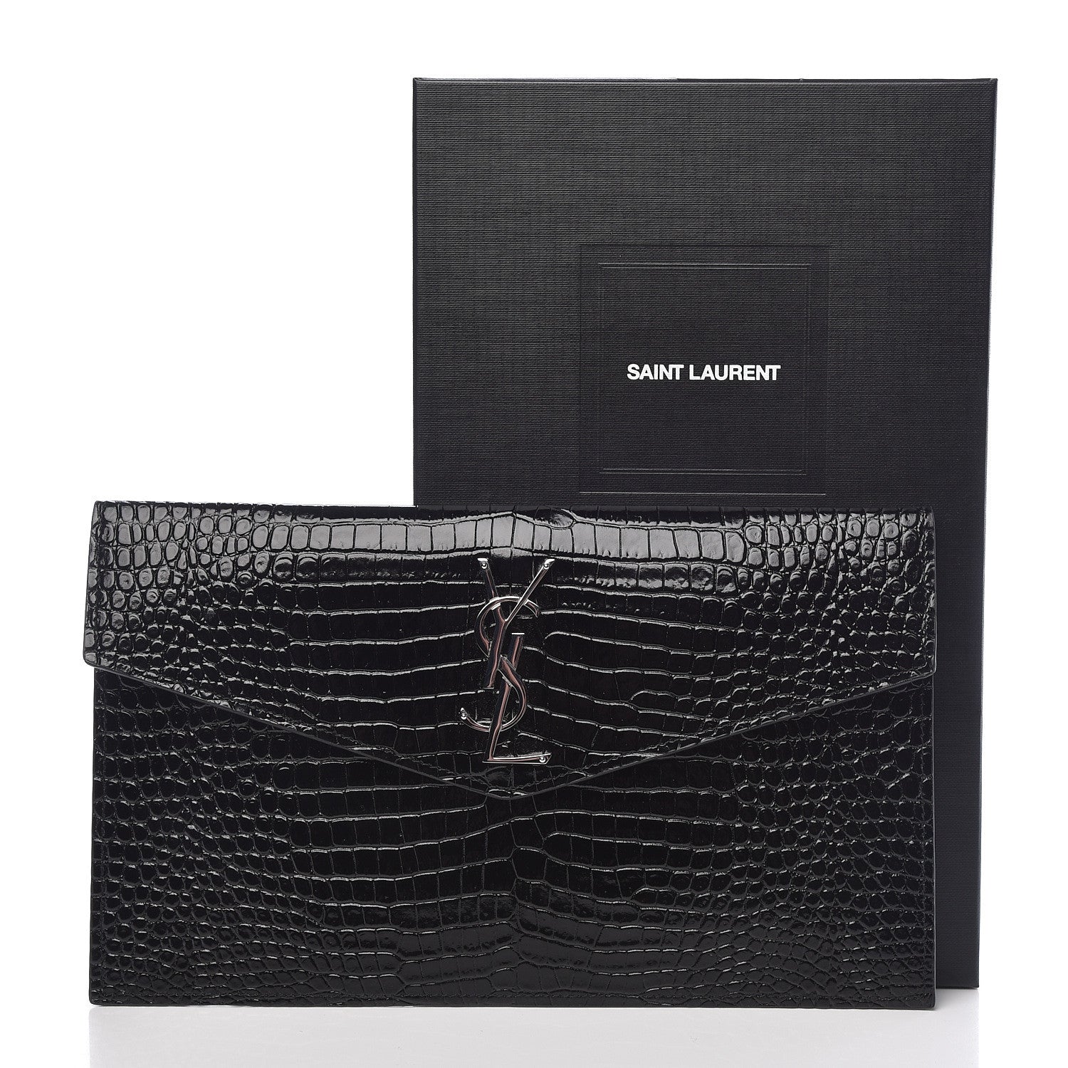 Saint Laurent Calfskin Crocodile Embossed Uptown Monogram Clutch Black 8 of 8