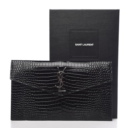 Saint Laurent Calfskin Crocodile Embossed Uptown Monogram Clutch Black 8 of 8