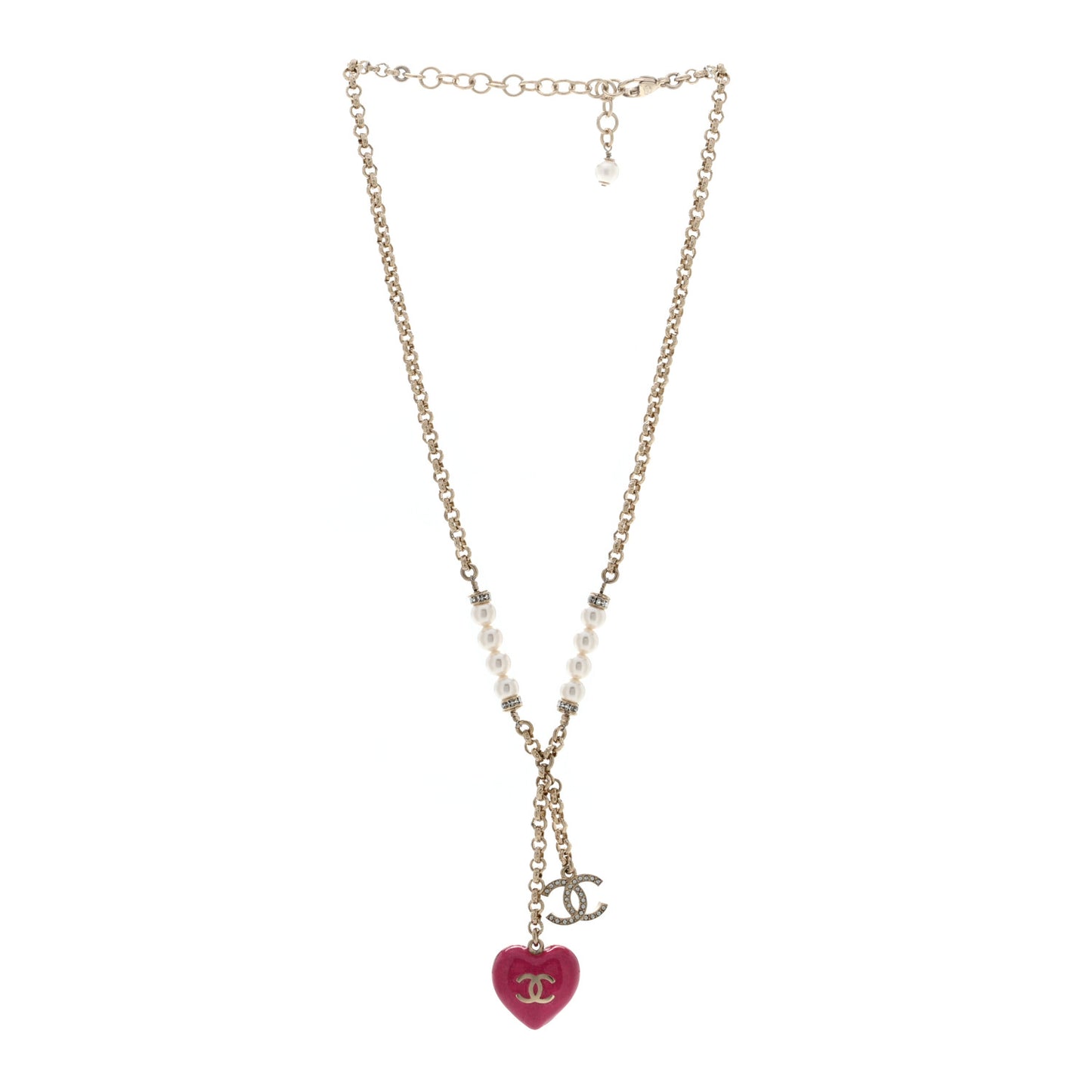 Resin Crystal Pearl Chain Heart CC Pendant Necklace Pink White Gold