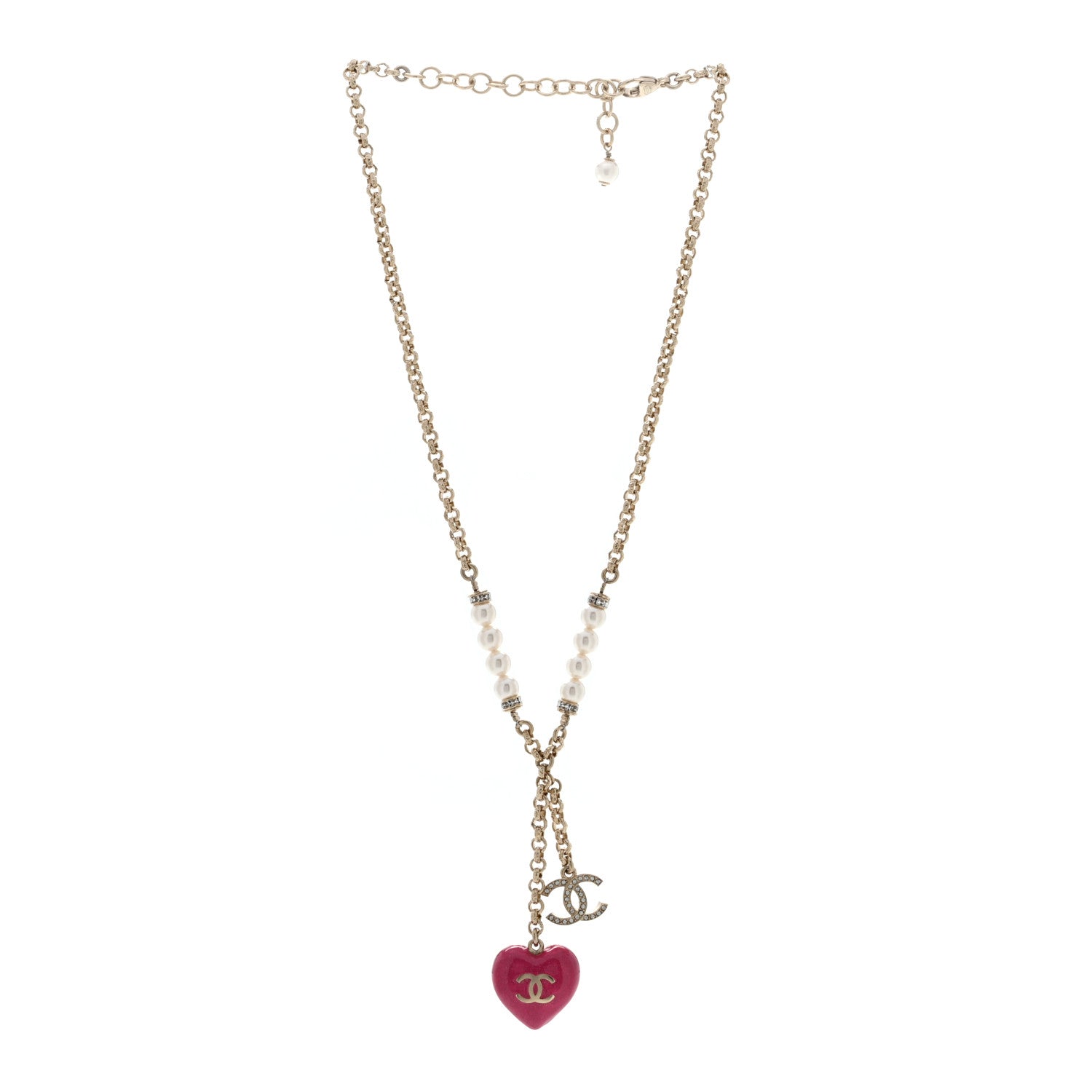 Chanel Resin Crystal Pearl Chain Heart CC Pendant Necklace Pink White Gold 3 of 4