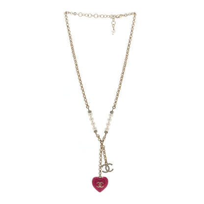 Chanel Resin Crystal Pearl Chain Heart CC Pendant Necklace Pink White Gold 3 of 4