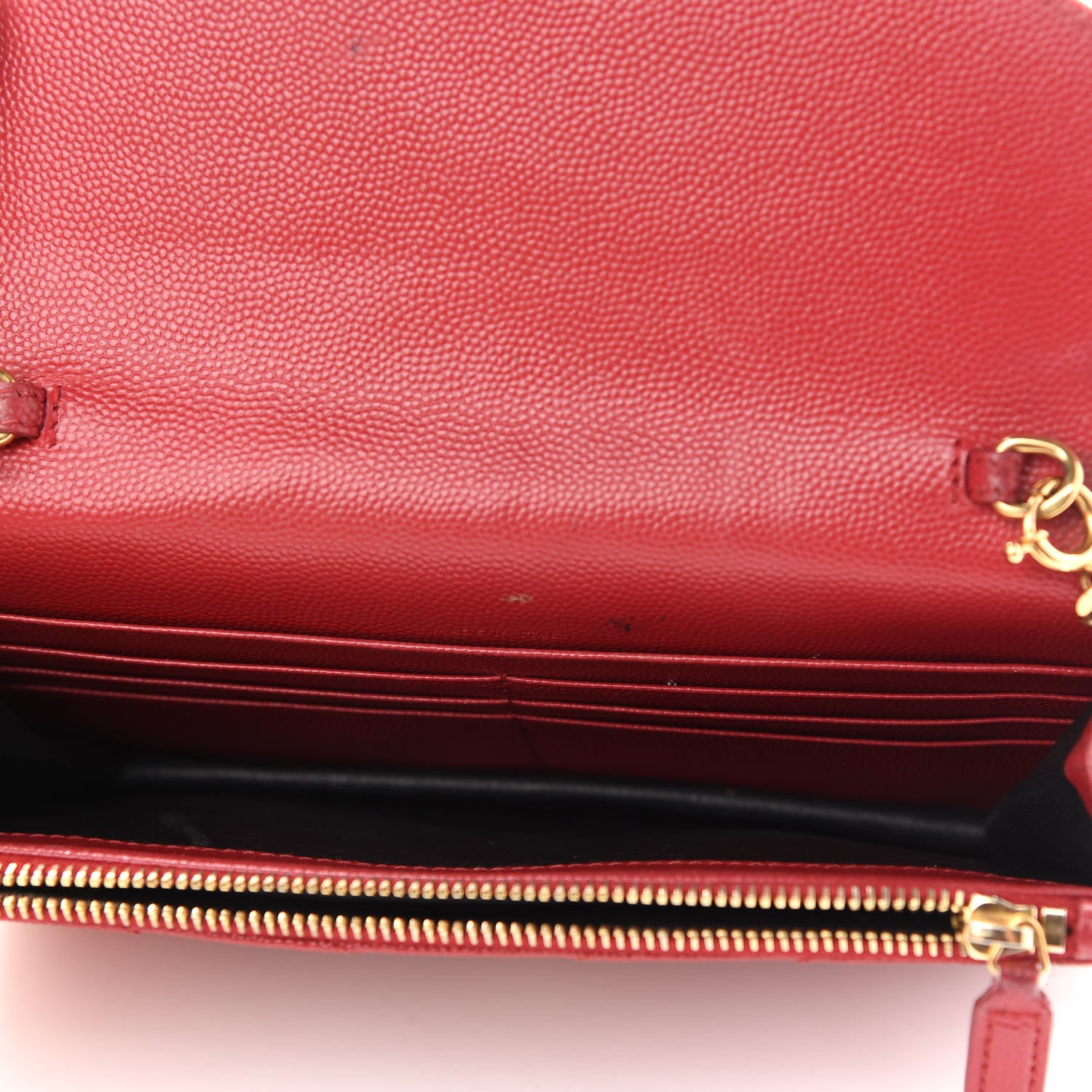 Saint Laurent Grain De Poudre Matelasse Chevron Monogram Envelope Chain Wallet New Red 5 of 19