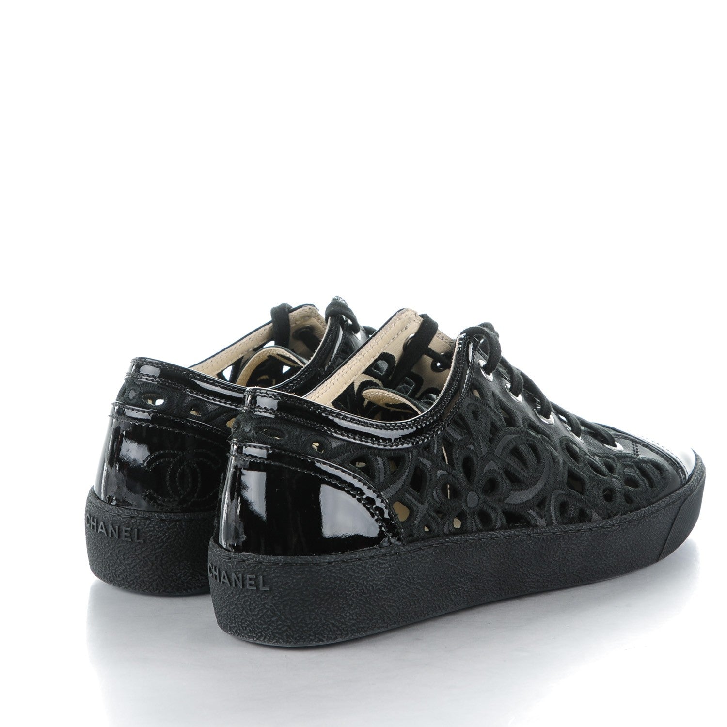 Chanel Patent Grained Goatskin Hollow Out Flower Sneakers 38.5 Black 4 of 9