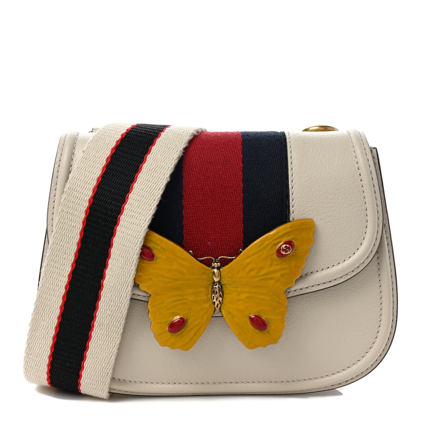 Calfskin Web Stripe Butterfly Small Totem Shoulder Bag White