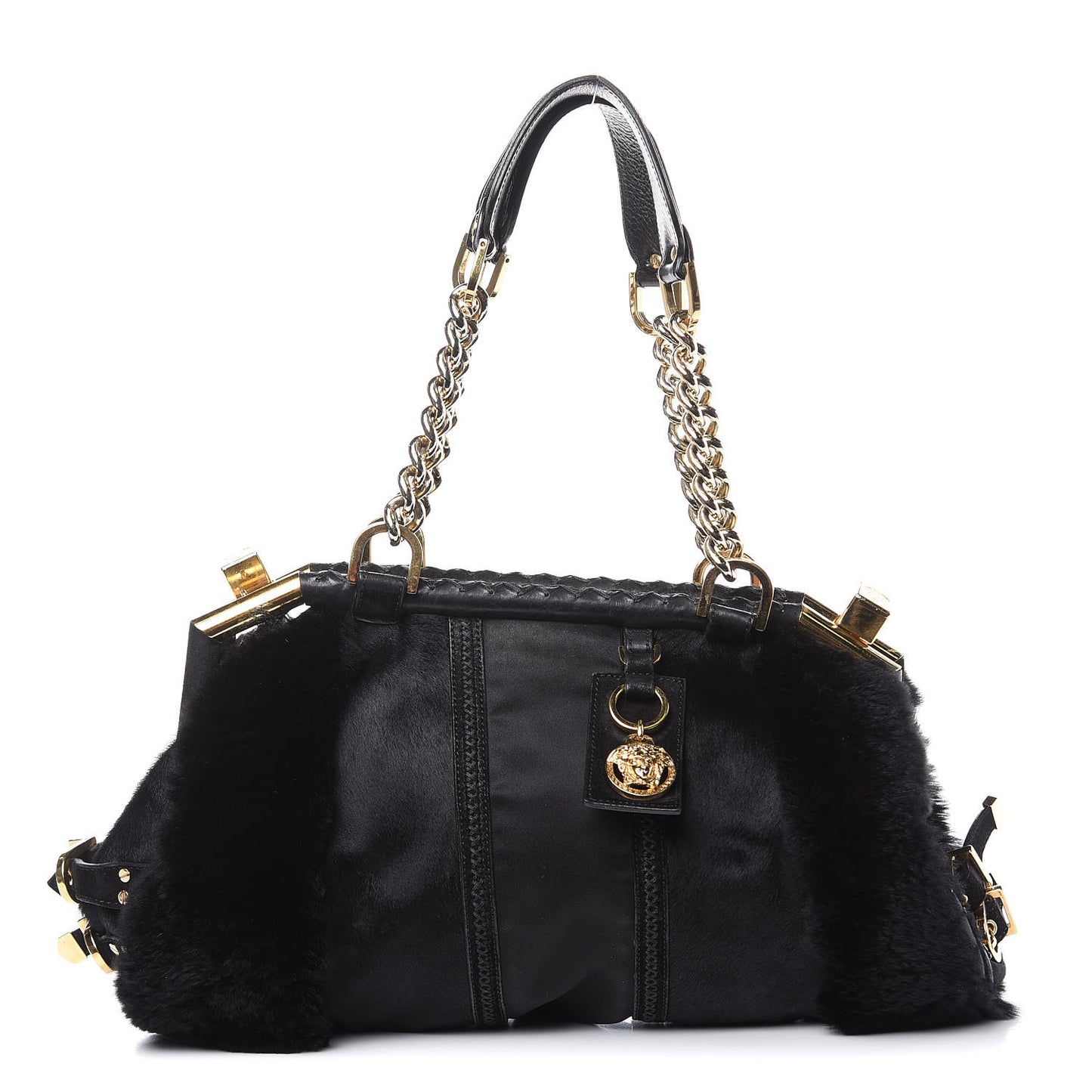 Fur Satin Chain Shoulder Bag Black