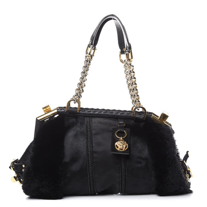 Versace Fur Satin Chain Shoulder Bag Black 1 of 15