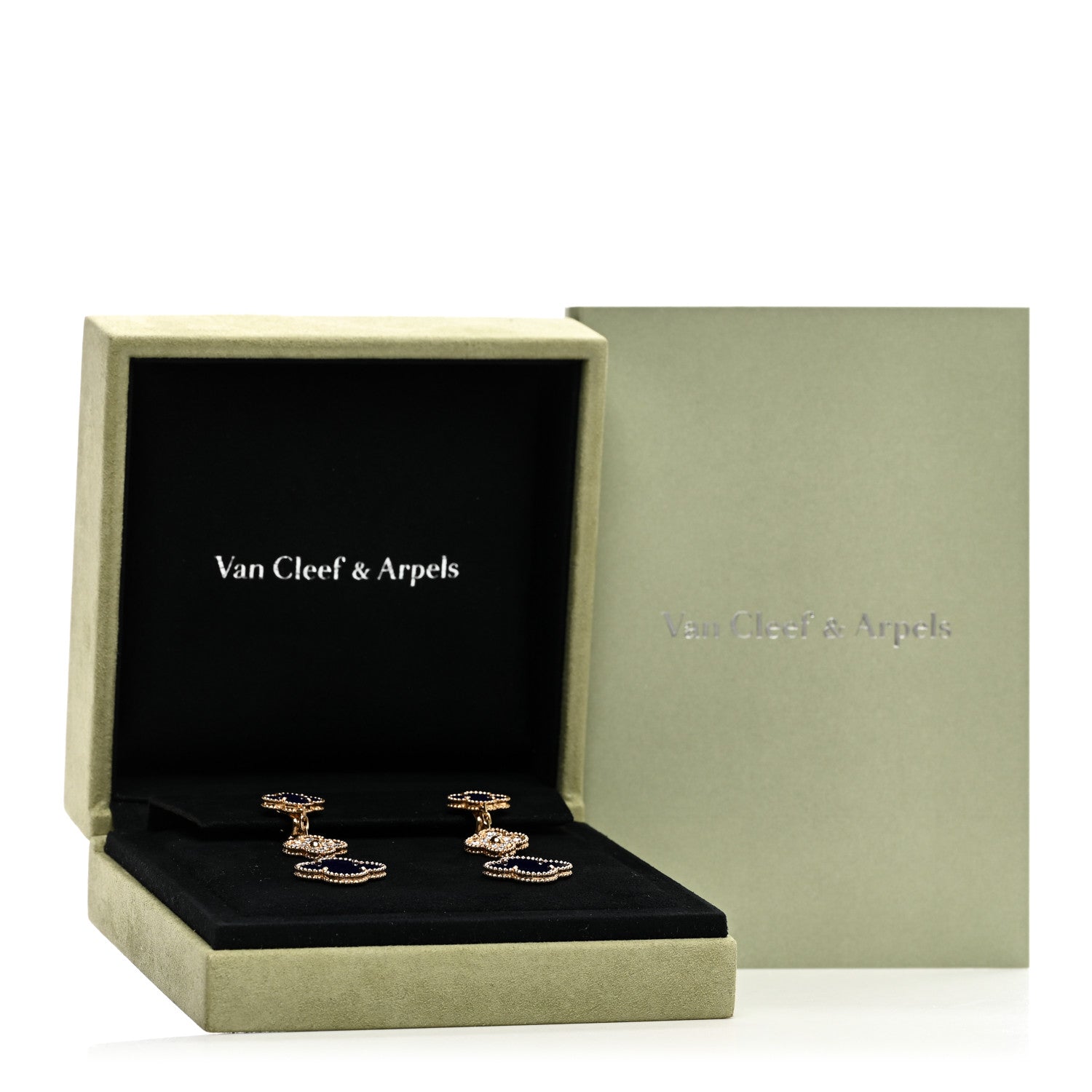 Van Cleef & Arpels 18K Yellow Gold Diamond Blue Sevres Porcelain 3 Motifs Vintage Alhambra Vendome Earrings 5 of 5